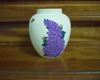 Hand painted lilac vase and bees