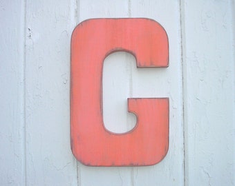 Wooden Wall Letters G Big 12" Letter Orange Vintage Style Shabby Chic Kids Wall Art Block font