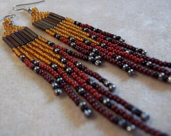 Carpal Tunnel Going Out of Business Sale! Long Dangle, Seed Bead, Fringe Earrings, Exotic Brown, Statement Earrings, Bold Earrings, Boho