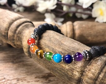 7 Chakra Bracelet - Oil Diffuser Bracelet - Chakra Balancing - Yoga Energy Bracelet - Mala Beads Jewelry - Lava Bracelet