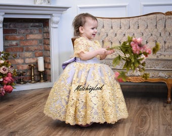 Baby Girl Birthday Dress Baby, Lace Flower Girl Dress Gold Lilac, Tutu dress girl 1 year 2 year old Lace Outfit Toddler Lace dress Wedding