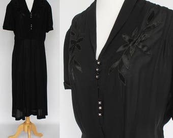 40's Black Rayon Dress with Satin Appliques / Rhinestone Buttons / Short Sleeves / XLarge