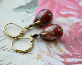 Red Picasso Earrings, Tear Drop Earrings, Red Jewelry, Czech Glass Earrings, Red Bead Earrings, Boho Jewelry, Ancient Earrings, Gift for her