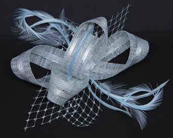 Pale ice blue and silver fascinator on a comb, Alice band or clip.