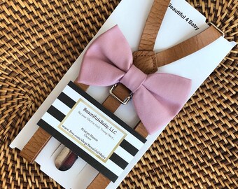 Dusty Rose Bow Tie, Mauve Toddler Bow Tie, Leather Suspenders, Dusty Rose Bow Tie and Leather Suspender Set- 6 Months to 5 Years Old