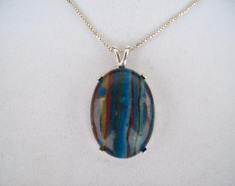 Natural Rainbow Calsilica Pendant in Sterling Silver 30x22mm