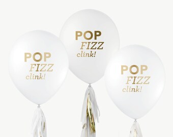 12" White & Gold Balloons // Pop Fizz Clink! // Wedding Shower, Bridal Shower, Photo Prop, White Wedding, Champagne, Metallic Gold Foil