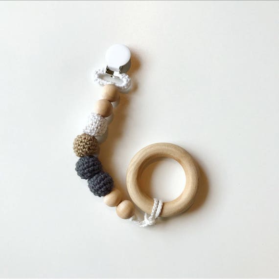 NomiLu Dreamer Clip -- Crocheted Beads Pacifier Clip -- Eco-friendly pacifier clip -- crocheted wooden beads -- Baby Teether