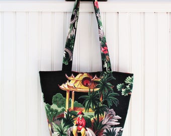Fishing near Golden Pagoda Musicians Flowers Bridge Black Ground Vintage Barkcloth Fabric Bucket Shoulder Bag Purse