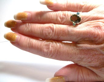 Green quartz, rare green quartz, 3 stone ring, green blue ring, anniversary ring, s 6 1/2 "Olive Oil"