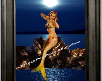 Mermaid Pinup Art Print 8 x 10 - Pin Up Siren of the Sea on Rock