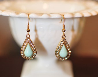 Aqua and Gold, Drop Fashion Earrings, Wedding Jewelry, Gold Rhinestone Earrings