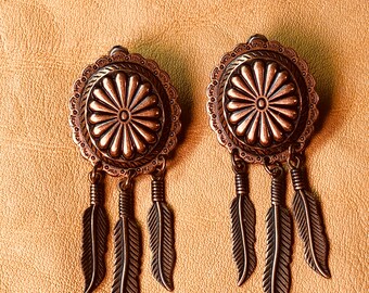 Copper Concho & Feather Earrings