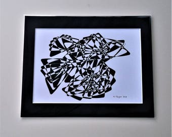 Caren Taylor Original Art Ink Drawing *TAKE FLIGHT* Black and White Abstract Art Cubism Style Modern Art With Mount & Backboard for shipping