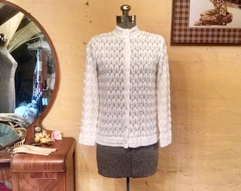 Delicate Snow Blossoms White Pointelle Cardigan S - M