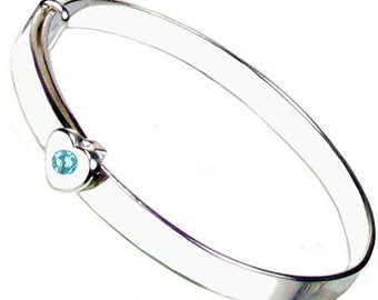 Personalised Sterling Silver March Birthstone Expanding Baby Bangle FREE engraving