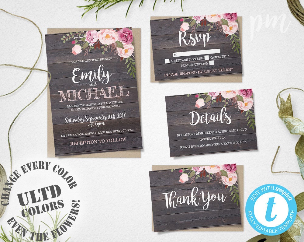 Rustic Floral Wedding Invitation Template Set Barn Wood