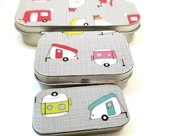 Small, Medium, and Large tin trio . . . Let's camp! Vintage campers in bright colors.