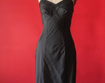 Vintage 60's Black Floral Embroidered Slip Dress by Kayser, size 32