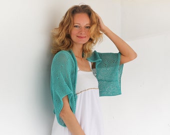 Turquoise shrug bolero coverup hand knit bolero shrug jacket short sleeve bolero plus size women shrug cotton knit shrug women summer shrug