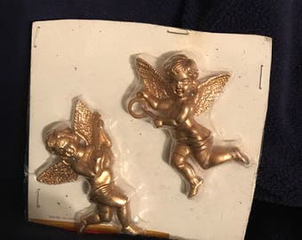 Vintage-- NOS--Cherub--Angels--Christmas Decorations--Ornaments--Tie On--Playing Instruments--Made In Hong Kong