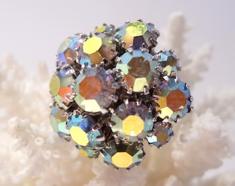 Sarah Coventry Aurora Borealis Prong Set Rhinestone Cluster Ring Size 6 and a Half Great Gift