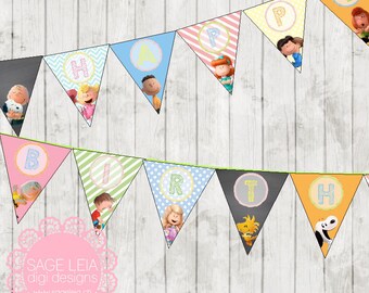 Custom Printable Snoopy Peanuts & Friends Themed Girl Pastel Birthday Celebration Party Triangle Pennant Bunting Banner