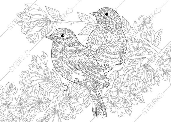 Download Coloring Pages for adults. Love Birds. Spring Flowers.