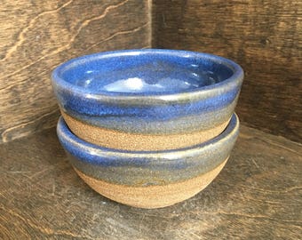 Ready to ship! - Pair of Blue and Raw Clay Small Bowls, Prep Bowls, Salt and Pepper Pinch Bowls