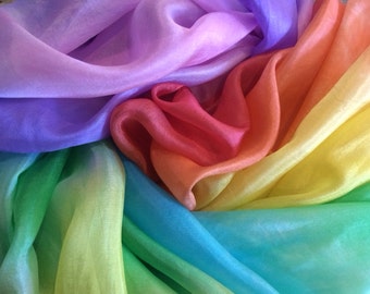 RAINBOW SILK 1.5 MTS ***Hand-Dyed Rainbow**100% Pure Silk**Silk Play Veil**Rainbow Silk Cape**Hemmed Rainbow Silk**Free Postage in Australia