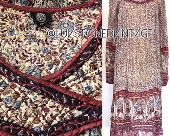 Vintage 70s Indian Dress Ethnic Boho Hippie Cotton Gauze Metallic Lurex India Gypsy Festival Tent Midi Maxi Dress . XS/S . D106 . 1269.92017