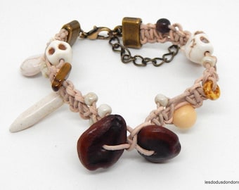Leather Bracelet, ethnic, natural stones, seeds, wood, skull, woman, man, teen, unisex