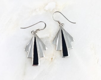 Vintage Sterling Onyx Modernist Earrings