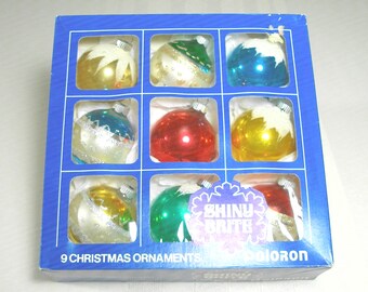 Box of 9 Vintage Shiny Brite Glass Ornaments - Mica Stencil Snowcap Stripes Retro 1950s Christmas Decorations Frosted Glitter Snow Cap Retro