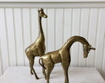 Vintage Pair of Large Brass Giraffes, 11.5”- 8” height Brass Figurines, Mid Century, African Animals, Safari