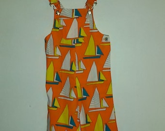 Printed cotton overalls boats sailboats / french Vintage 60's 70's / size 2 years old /Stock nine
