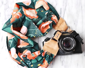Scarf Camera Strap -- The 'Carmen' -- DSLR Camera Strap with Quick Release Buckles -- Feminine Camera Strap -- Green Floral Camera Strap