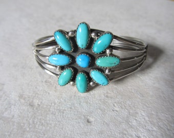 Vintage Southwestern Sterling Silver and Turquoise Flower Cuff Bracelet