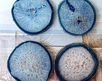 One X Large Coaster Blue Agate Slice Gemstone Natural Edge Prsent Wedding Groom Wine Bottle Holder
