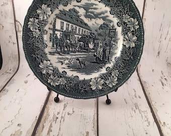 Vintage English Transfer Ware Dinner Plate Coaching Taverns Royal Tudor Ware Staffordshire Ironstone BLue and White 1950's epsteam TVAT