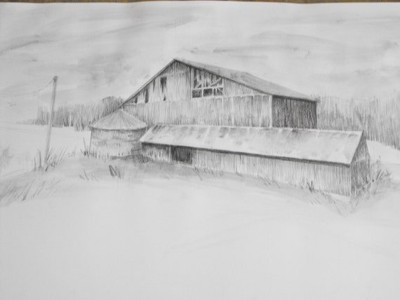 Original charcoal washes and pencil landscape drawing on