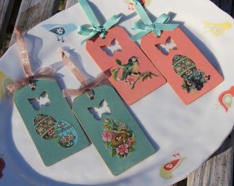 Set of 4 Wooden EASTER / Spring Ornaments, Handmade, Decorated with Victorian Style Scrap Embellishments and Organza or Grosgrain Ribbon