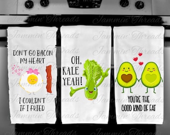 Funny Kitchen Towels/Valentines Day/Bacon/Avocado/Kale/Funny Veggies/Valentine's gift/bridal shower gift/housewarming gift/Oh Kale Yeah