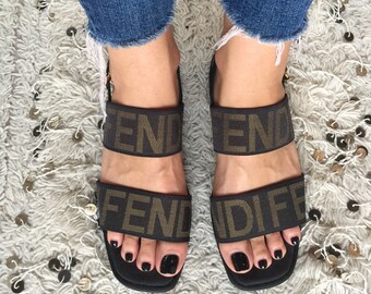 Vintage FENDI ZUCCA FF Monogram Flats Slides Walking Hiking Shoes Slingback Peekaboo Sandals eu 38.5 us 8 - 8.5