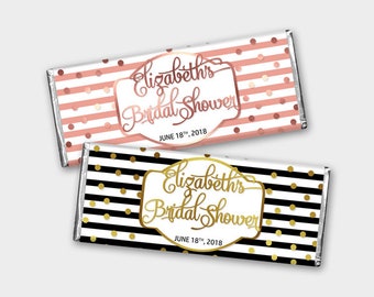 Printable Bridal Shower Favor, Customized Candy Bar Wrappers / Chocolate Labels - Black-White-Gold or Rose / DIY Print, Printable PDF - #GSR