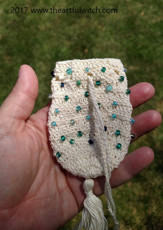 Cream and Blue Crochet Mojo/Amulet Bag