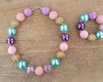 Unicorn Chunky Necklace, Mint Pink Purple Chunky Necklace, Baby Necklace, Bubblegum Bead Necklace, Unicorn Birthday, Cake Smash Necklace