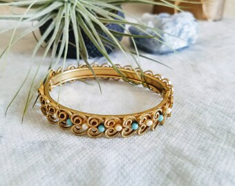Gold Filled Bangle Bracelet, Vintage Gold Filigree Bracelet, Vintage Victorian Bangle Bracelet, Victorian Revival Bracelets, Filigree Bangle