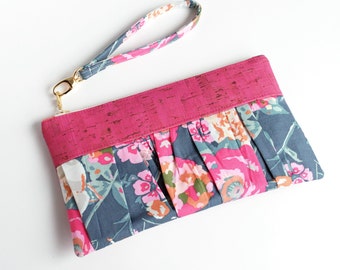 Ruffled Wristlet, Clutch, Purse, Pouch, Fuschia, Cork, Gifts for Her, Date Night, Spring, Floral, Bridesmaid