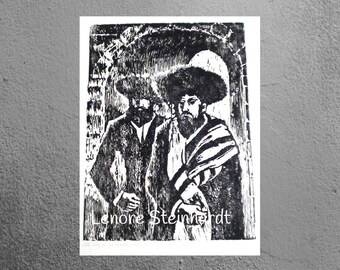 Vintage Black and White Woodcut Print, Woodblock JUDAICA, Jewish Art Old Jerusalem,HOLY CITY Wood Engraving,Lenore Steinhardt 1978 Israel